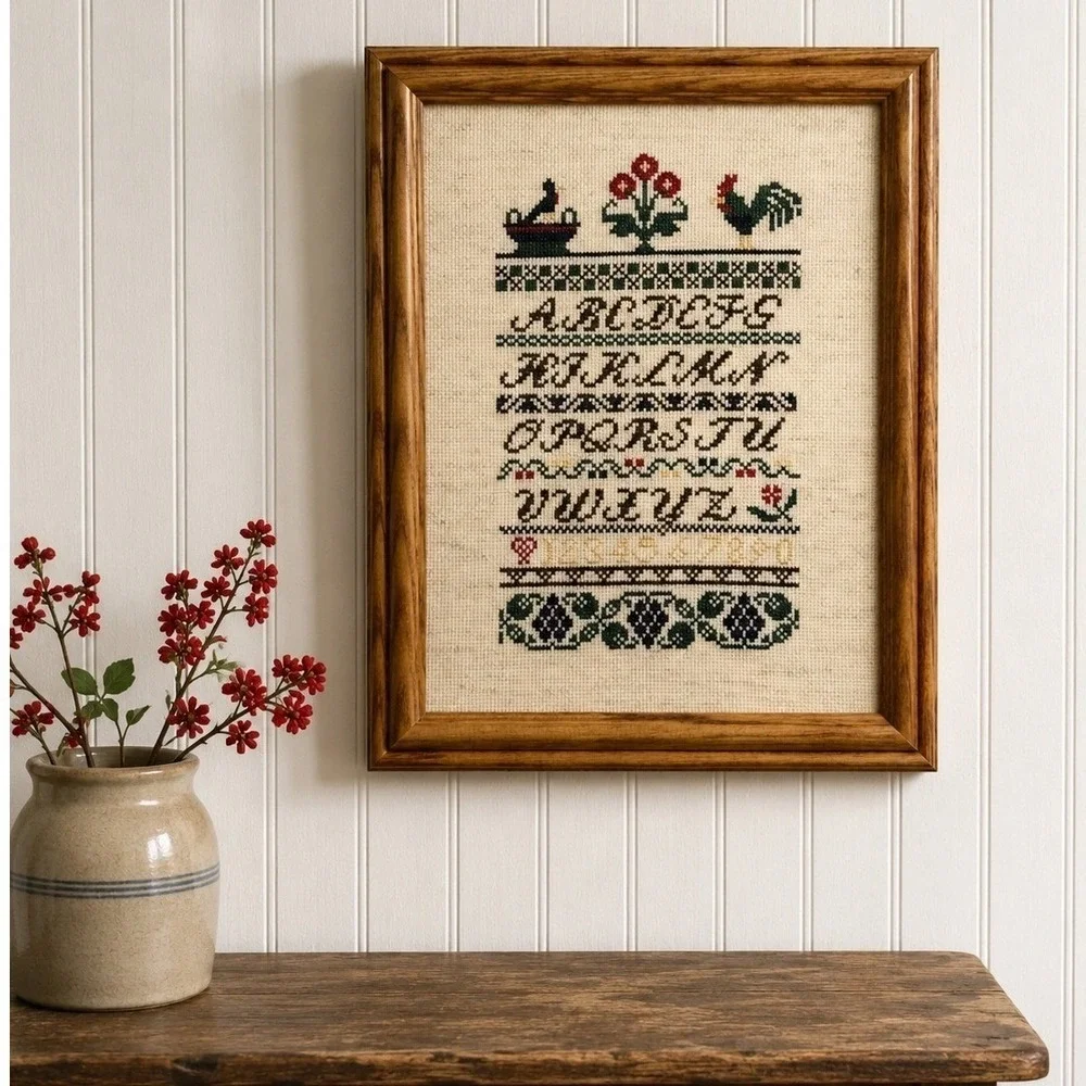 Vintage Framed Folk Art Cross Stitch Alphabet Sampler Hen & Rooster Floral 14x11